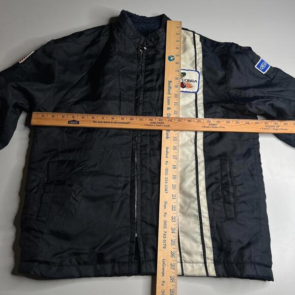 Vintage Ford Cobra Racing Jacket Men’s L Black White Stripe USA Flag Patch 70s - Picture 3 of 11